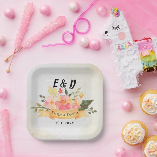  perzik bloemig elegant monogram bruiloft papieren bordje (Feest)