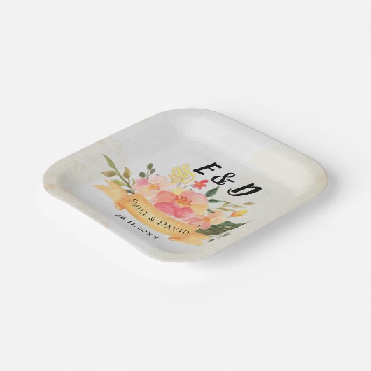  perzik bloemig elegant monogram bruiloft papieren bordje (Gebogen)