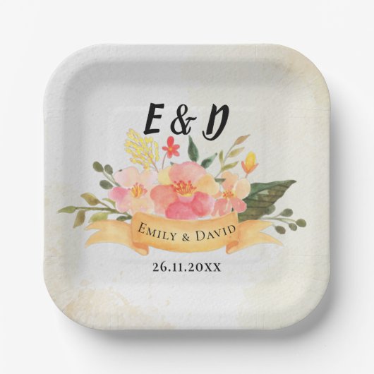  perzik bloemig elegant monogram bruiloft papieren bordje (Voorkant)