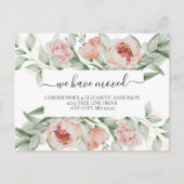 Perzik Bloemige Bloemen Groene Script Verhuizen Aankondigingskaart (Voorkant)