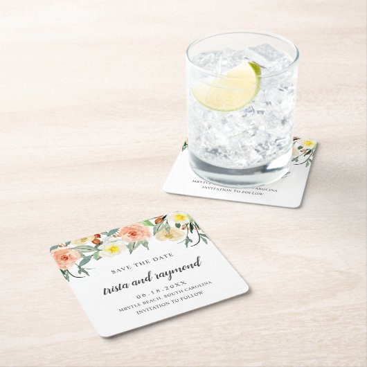 Perzik Bloemige Botanische Waterverf Save the Date Kartonnen Onderzetters (Insitu)