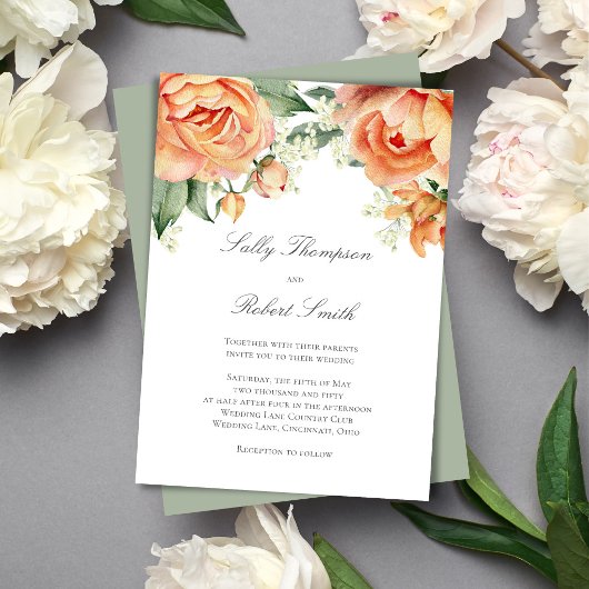 Perzik Bloemige Bovenrand Elegant Script Bruiloft Kaart