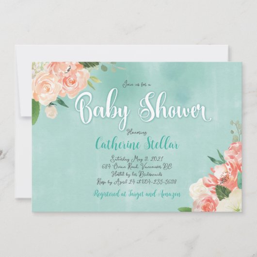 Perzik bloemige en Blauwgroen Baby shower uitnodig Kaart (Voorkant)
