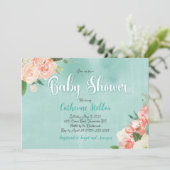 Perzik bloemige en Blauwgroen Baby shower uitnodig Kaart (Staand voorkant)