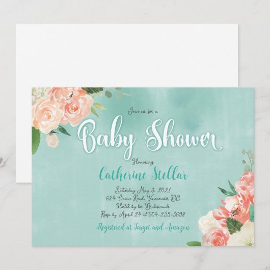 Perzik bloemige en Blauwgroen Baby shower uitnodig Kaart (Voorkant / Achterkant)