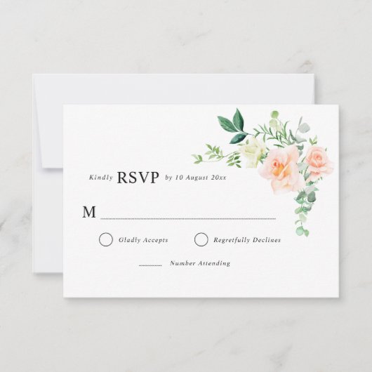 perzik bloemige groen wedding RSVP kaart (Voorkant)