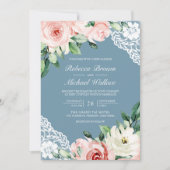 Perzik Bloemige Kant Stof Blauw QR Code Trouwen Kaart (Voorkant)