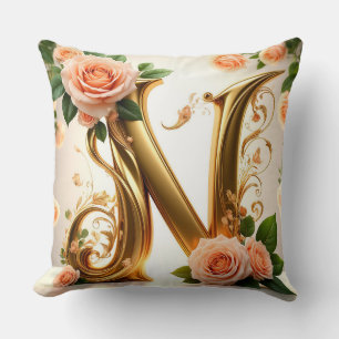 🌷 Perzik Bloemige Monogram N Decoratie 🌼 Kussen