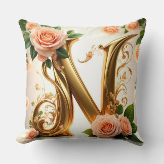 🌷 Perzik Bloemige Monogram N Decoratie 🌼 Kussen