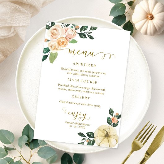 Perzik Bloemige Pompoen Herfst Bruidsfeest Menu Ka Kaart