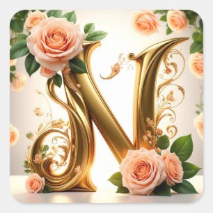 🌷 Perzik Bloemige Trouw Monogram N Decor 🌼 Vierkante Sticker