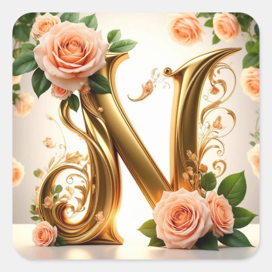 🌷 Perzik Bloemige Trouw Monogram N Decor 🌼 Vierkante Sticker (Voorkant)