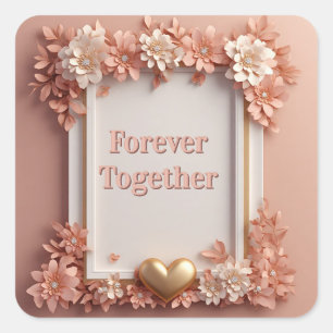 🌹 Perzik Bloemige Trouwdecoratie Met Gouden Hart Vierkante Sticker