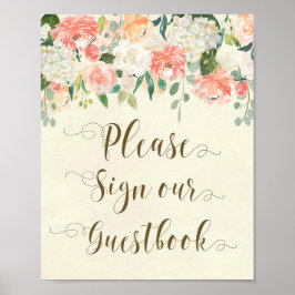 perzik bloemige trouwgastboek bord ivoor poster