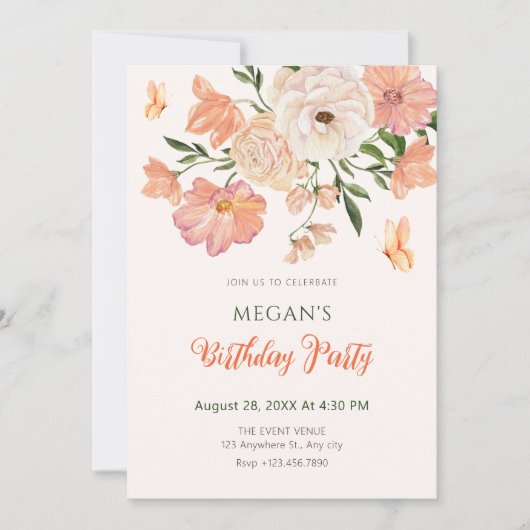 Perzik bloemige verjaardag kaart (Voorkant)