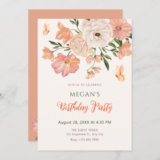 Perzik bloemige verjaardag kaart (Voorkant / Achterkant)