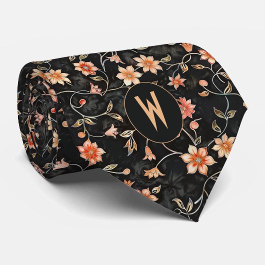 Perzik Bloemmotief op Zwarte Heren Das (Opgerold)