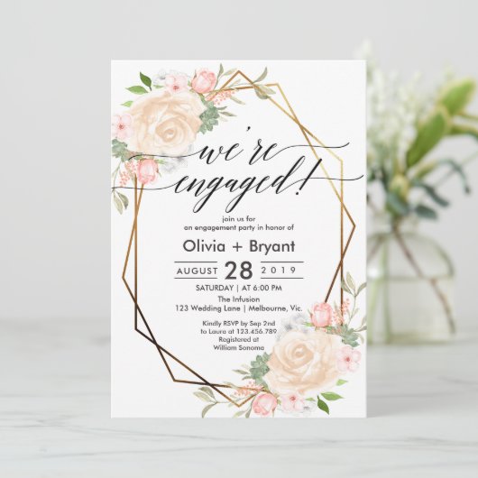 Perzik bloemrijk gouden geometrisch kader verlovin kaart (Staand voorkant)