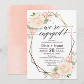 Perzik bloemrijk gouden geometrisch kader verlovin kaart (Voorkant / Achterkant)