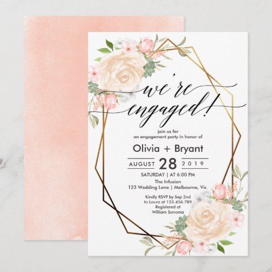 Perzik bloemrijk gouden geometrisch kader verlovin kaart (Voorkant / Achterkant)