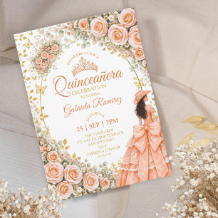 Perzik bloemrozen Gouden Vlinder Quinceañera Kaart