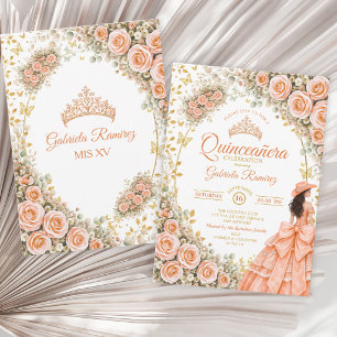 Perzik Bloemrozen Gouden Westerse Quinceañera Kaart