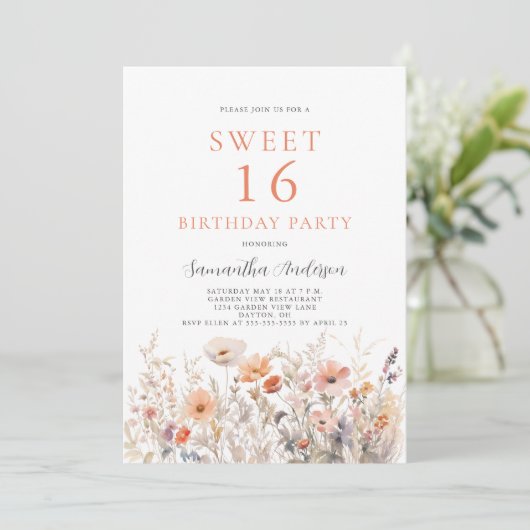 Perzik Bloemzoet 16 Verjaardagsfeest Kaart (Staand voorkant)