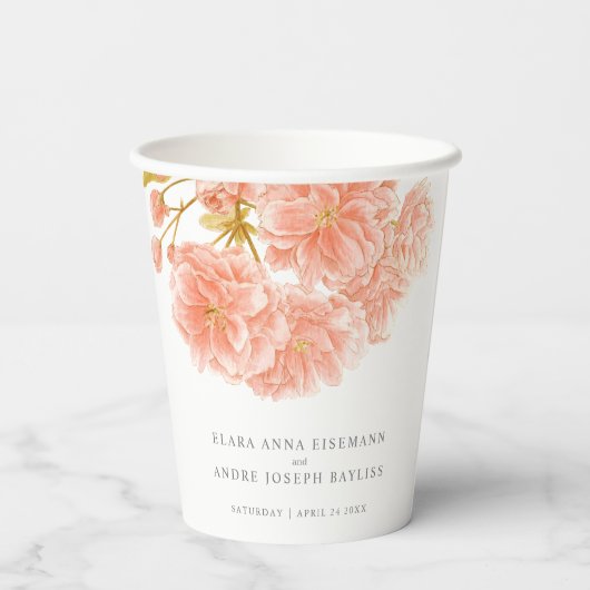 Perzik bloesem waterverf bloem bruiloft kopjes papieren bekers (Achterkant)