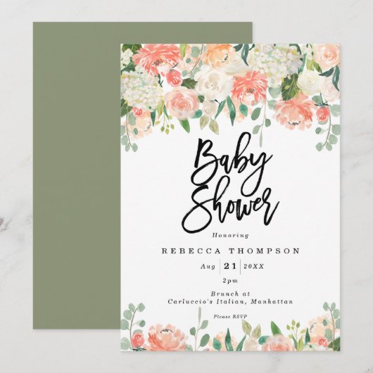 Perzik blos groen Boho Modern baby shower Kaart (Voorkant / Achterkant)