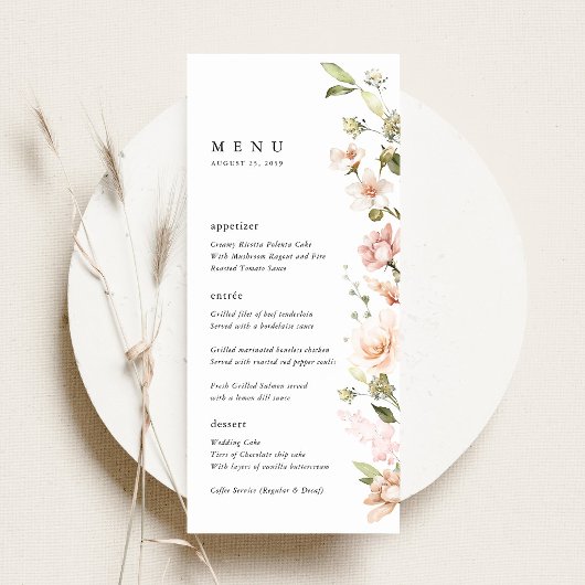 Perzik Blozen Bloemige Trouwreceptie Diner Menu