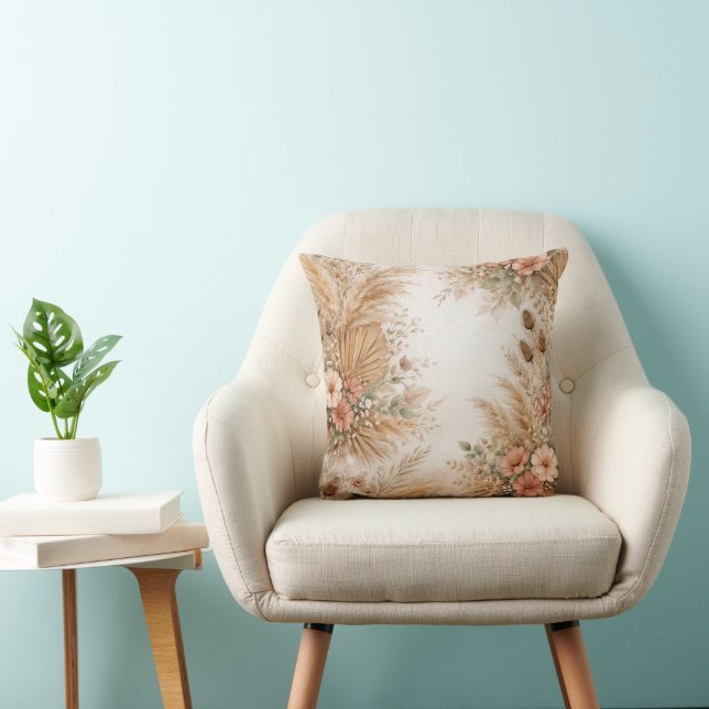 Perzik Blozen Boho Pampas Bloemen Frame Kussen (Stoel)