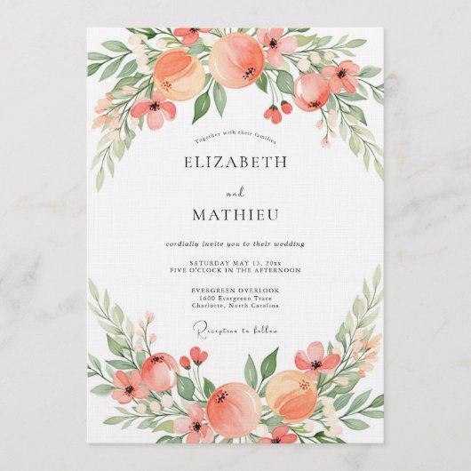 Perzik Blozen Botanische Romantische Bruiloft Kaart (Voorkant)
