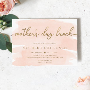 Perzik Blush Aquarel Goud Moederdag Lunch Kaart