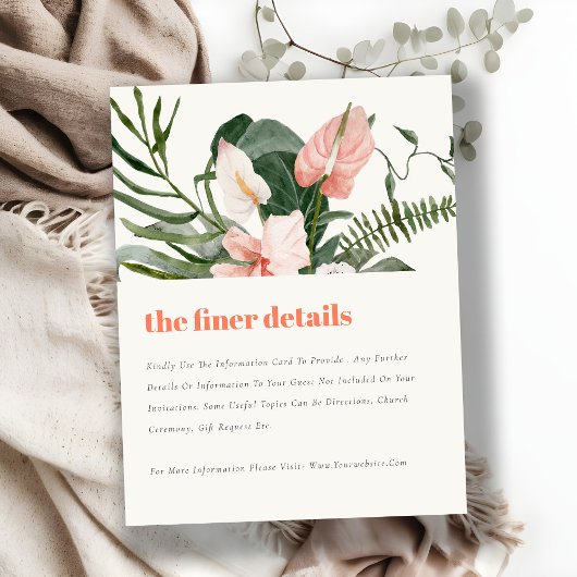 Perzik Blush Boho Tropische Bloemen Bruiloft Detai Informatiekaartje