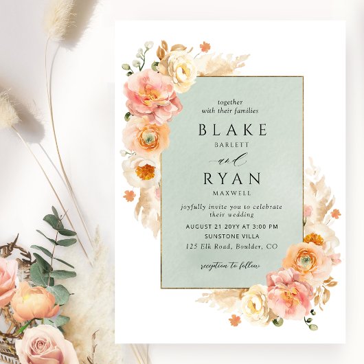 Perzik, Blush crème en Sage Floral Chic Wedding Kaart