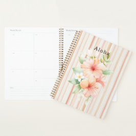 Perzik Blush Crème Strepen Tropische Hibiscus Bloe Planner