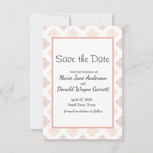 Perzik Blush Damast Save The Date (Voorkant)
