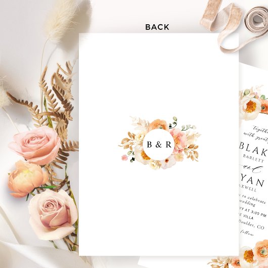 Perzik Blush en Crème Ovaal met Monogram Bruiloft Kaart