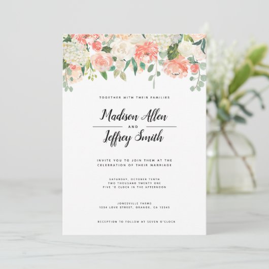 Perzik & Blush Flowers Weddenschap Aankondiging (Staand voorkant)