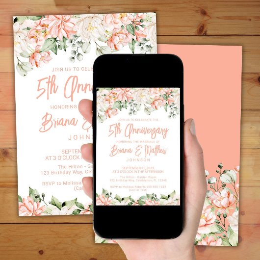 Perzik Blush Ivoor Bloemen 5e bruiloft Jubileum Kaart