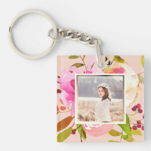 Perzik Blush met Waterverf Bloemen Foto Sleutelhanger