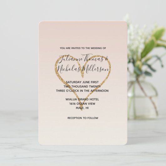 Perzik Blush Ombre Gouden Glitzy Hart Kaart (Staand voorkant)