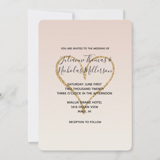 Perzik Blush Ombre Gouden Glitzy Hart Kaart (Voorkant)