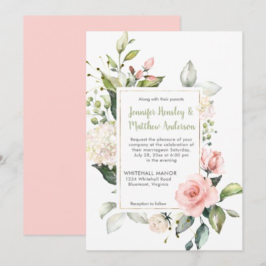 Perzik Blush Roze en Witte Rozen Lijst Bruiloft Kaart (Voorkant / Achterkant)