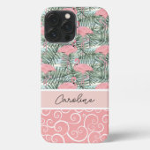 Perzik Blush Roze Flamingo's Palmbladeren Patroon iPhone Hoesje (Achterkant)