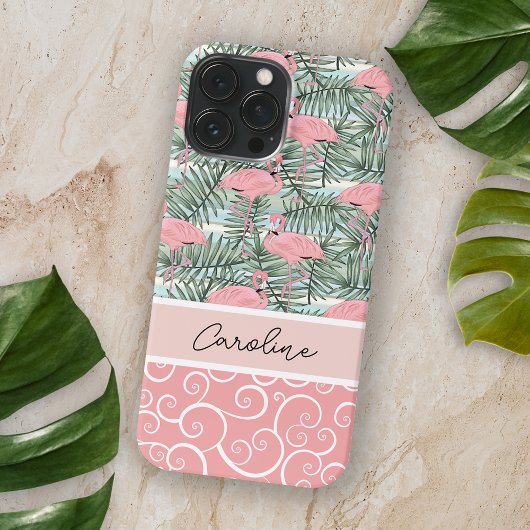 Perzik Blush Roze Flamingo's Palmbladeren Patroon iPhone Hoesje