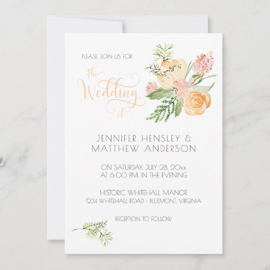 Perzik Blush Roze Gouden Waterverf Bloemige Trouw Kaart (Voorkant)