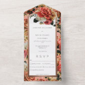 Perzik Blush & Roze Roze Rozen Dinner All In One Uitnodiging (Binnen)