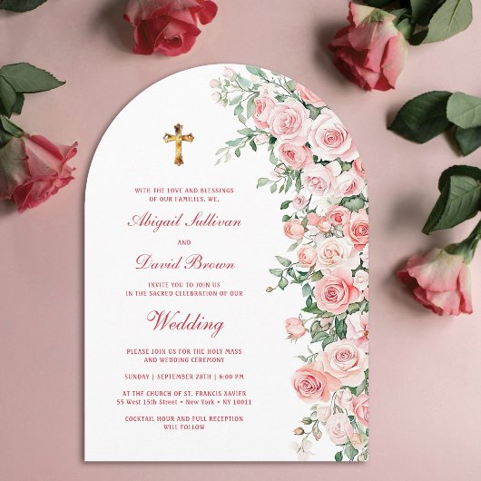 Perzik Blush Rozen Boog Religieuze Trouwdag Kaart