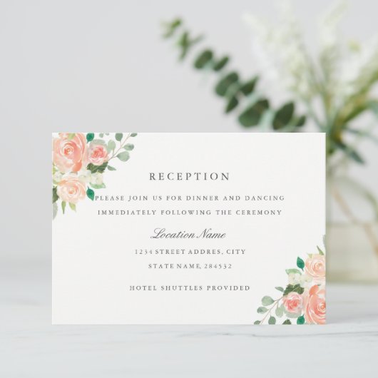 Perzik Blush Waterverf Bloemen Bruiloft Receptie Informatiekaartje (Staand voorkant)